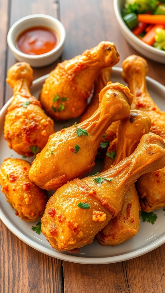 Crispy chicken drumsticks on a plate with herbs and dipping sauce on a rustic table.